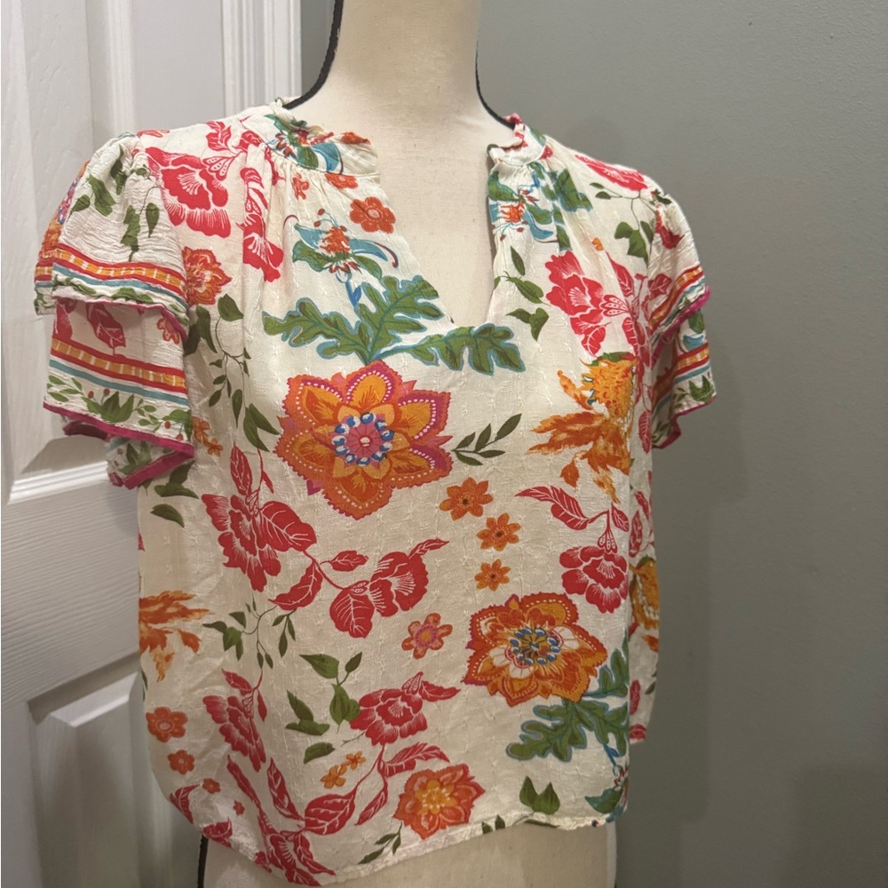 Floral Print Women's Blouse - Red, Orange, Green